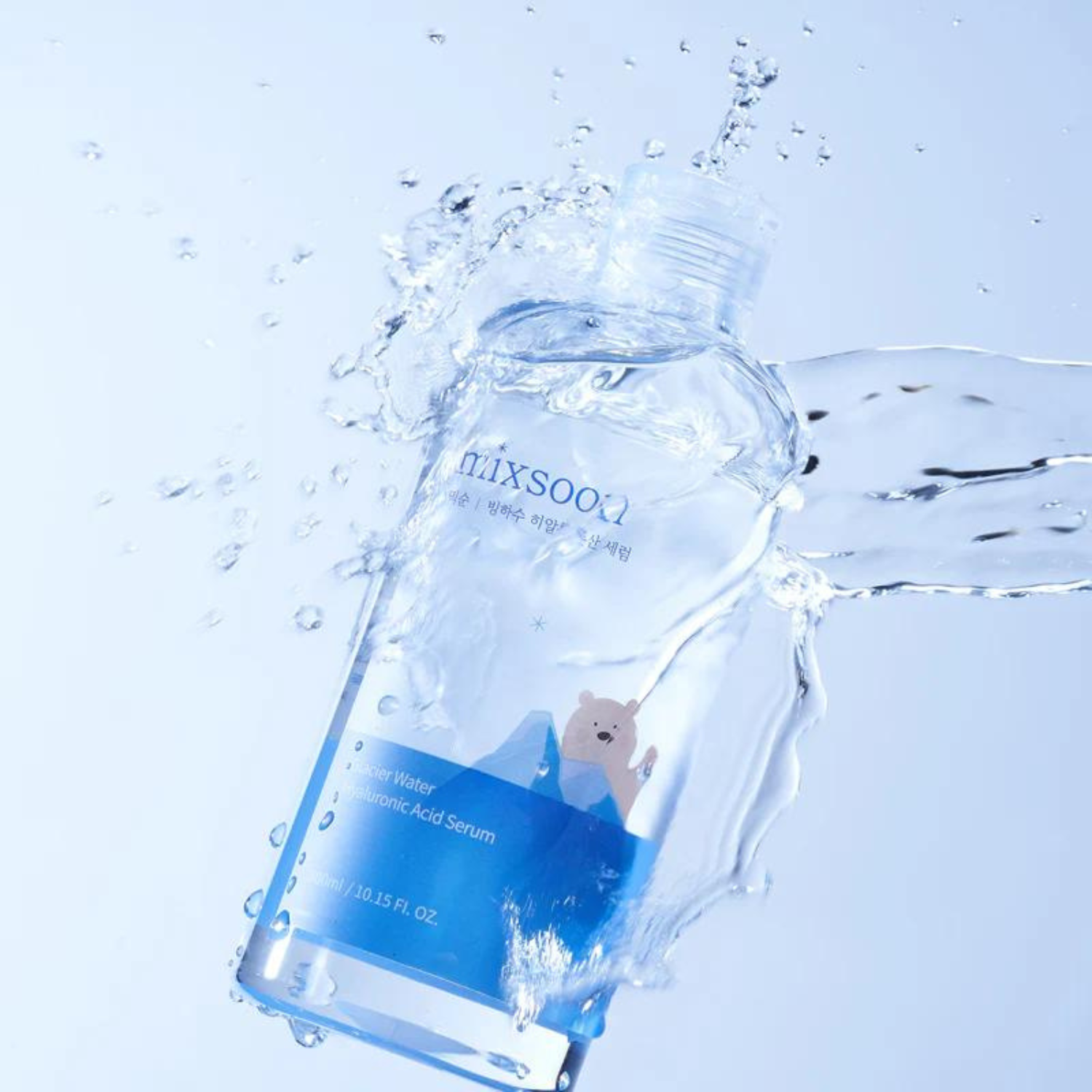 Mixsoon Glacier Water Hyaluronic Acid Serum bottle, 100ml, with clear glass container and dropper cap, showcasing the serum's hydrating formula.