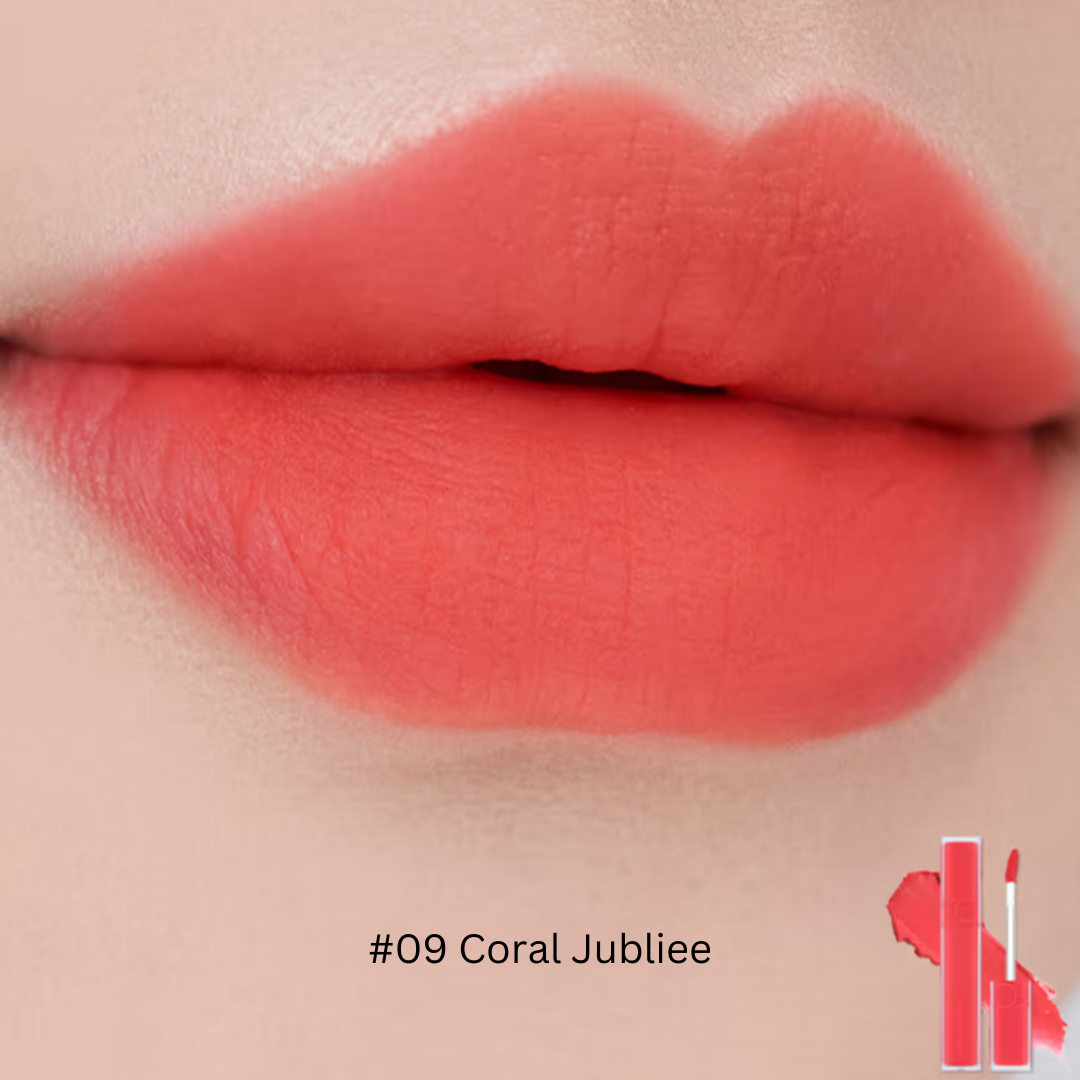 Rom&nd Blur Fudge Lip Tint in a soft nude shade, showing the sleek packaging and the creamy, smooth texture of the lip tint.
