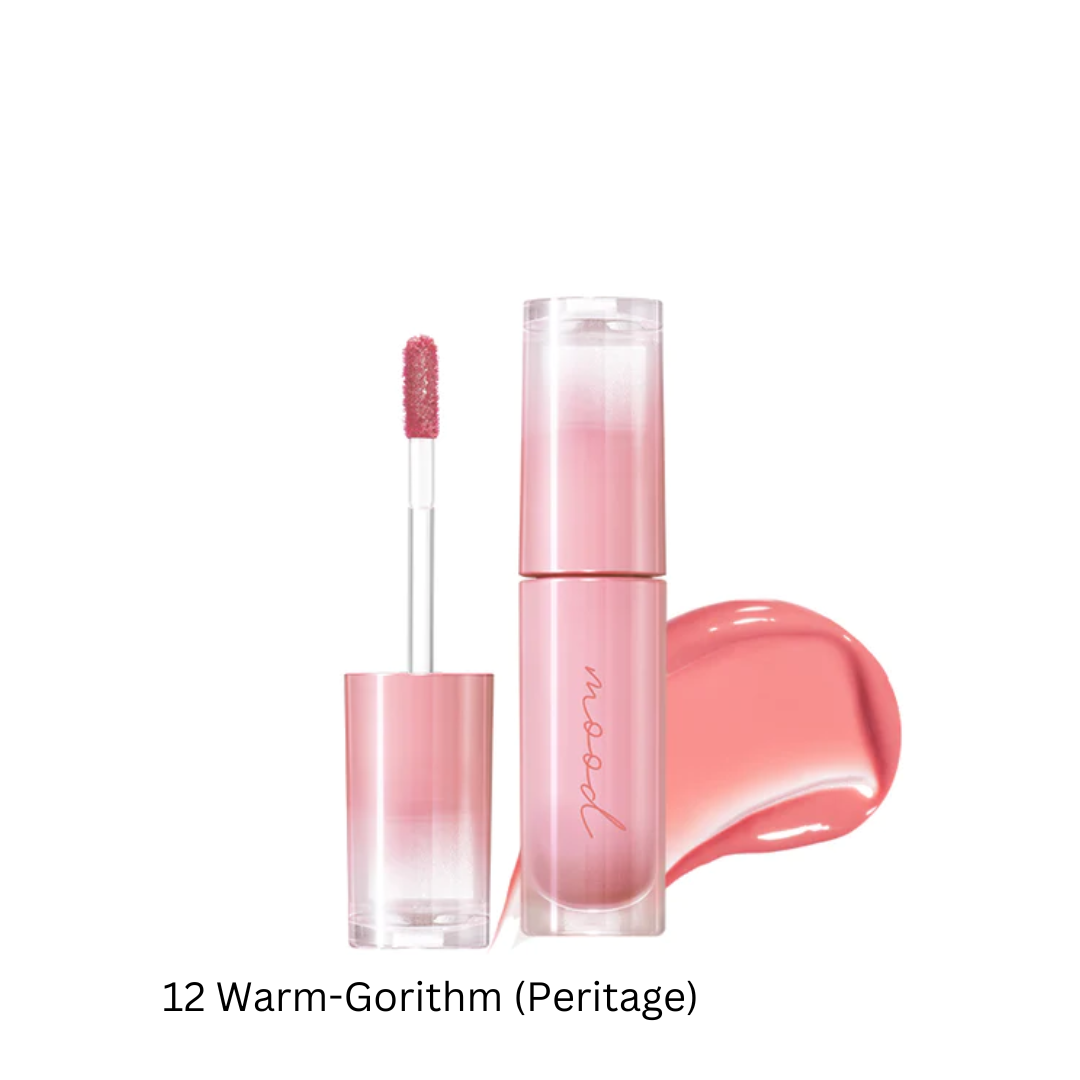 Peripera Ink Mood Glowy Tint lip tint in a vibrant, glossy shade showing a close-up of the tinted lips with a shiny finish.