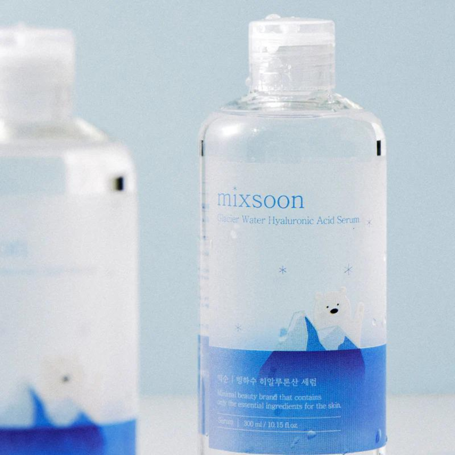 Mixsoon Glacier Water Hyaluronic Acid Serum in 300ml bottle, clear gel serum for hydrating and plumping skin.
