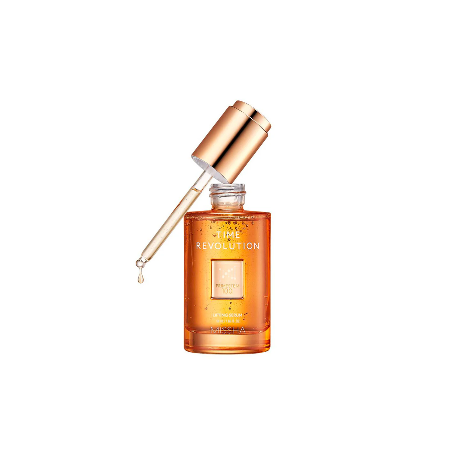 Missha Time Revolution Primestem 100 Lifting Serum bottle, 50ml, with sleek packaging and label visible.
