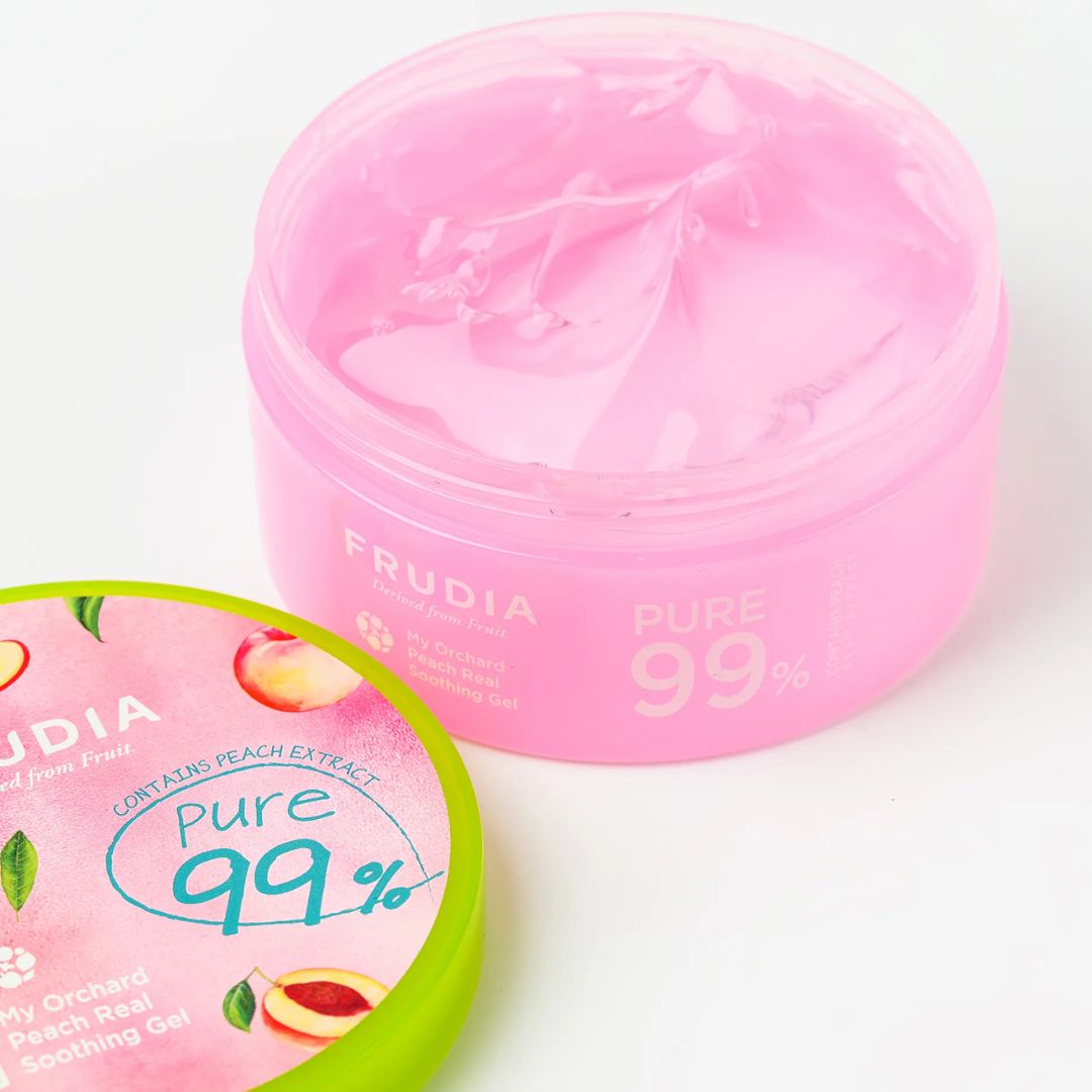 Frudia My Orchard Peach Real Soothing Gel 300ml face moisturizer with peach extract in a clear jar showing the gel inside.