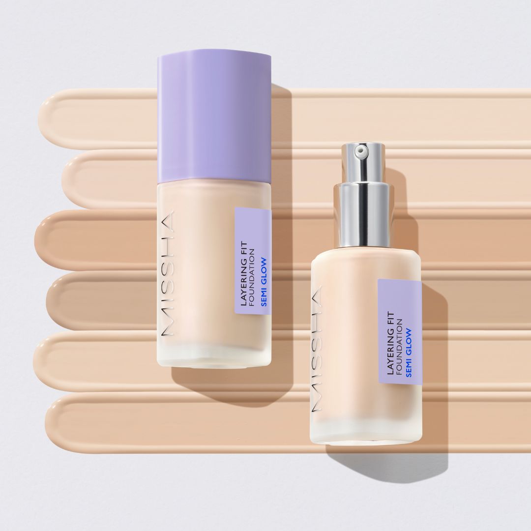 Missha Layering Fit Foundation Semi Glow liquid foundation in a sleek bottle, showcasing its semi-glow finish and smooth texture.