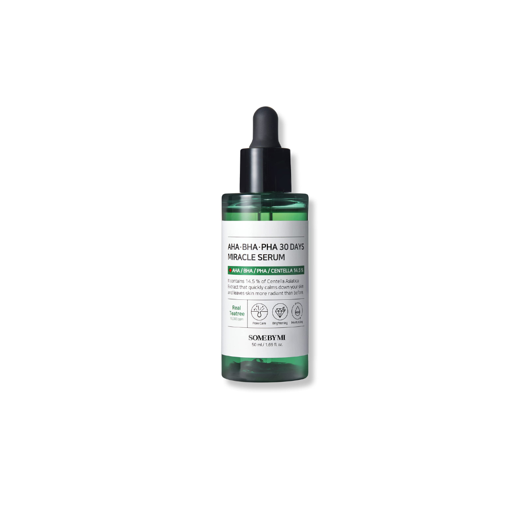 Some By Mi AHA BHA PHA 30 Days Miracle Serum 50ml bottle with dropper and product label visible.