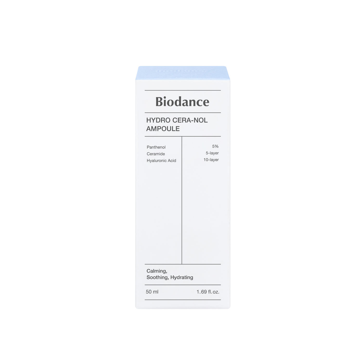 Biodance Hydro Cera-nol Ampoule 50ml bottle with clear liquid, emphasizing hydration and skincare benefits.