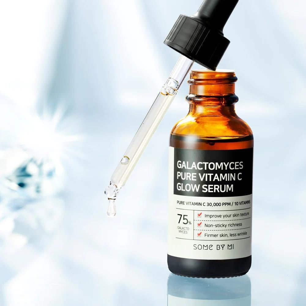Some By Mi Galactomyces Pure Vitamin C Glow Serum 30ml bottle with clear packaging and bright yellow serum inside.