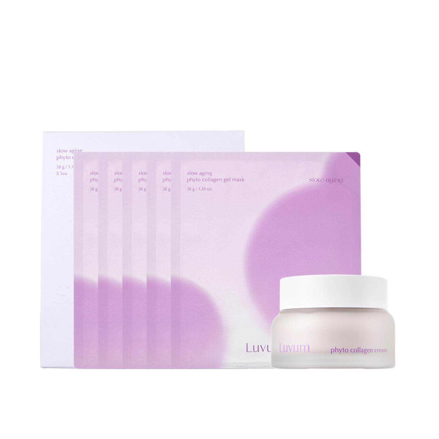 Luvum slow aging phyto collagen gel mask and cream bundle showing the skincare products in white containers.