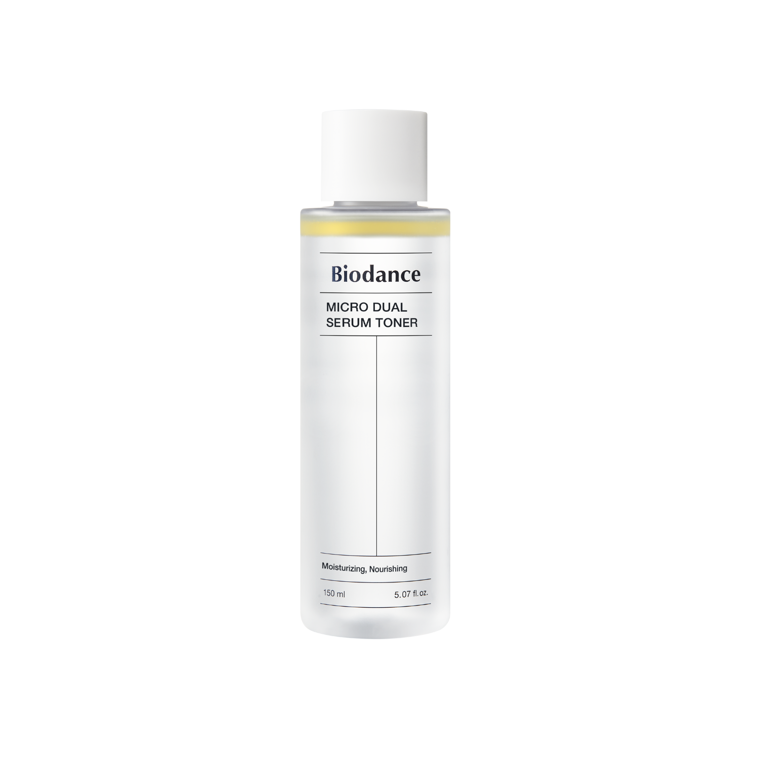 Biodance Micro Dual Serum Toner bottle, 150ml, with clear label and pump dispenser, on a neutral background.