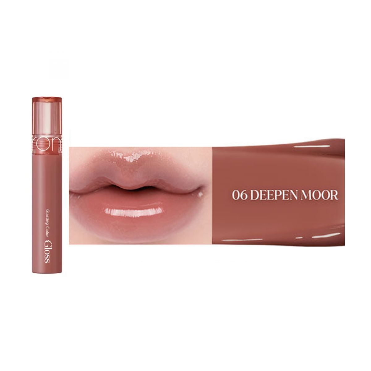 Rom&nd Glasting Color Gloss lip gloss in six vibrant shades, glossy finish, and smooth application.