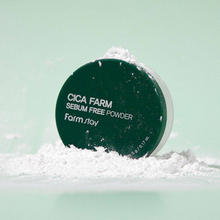 Farmstay Cica Farm Sebum Free Powder setting powder in 5g jar, helps control oil and shine for a matte finish.