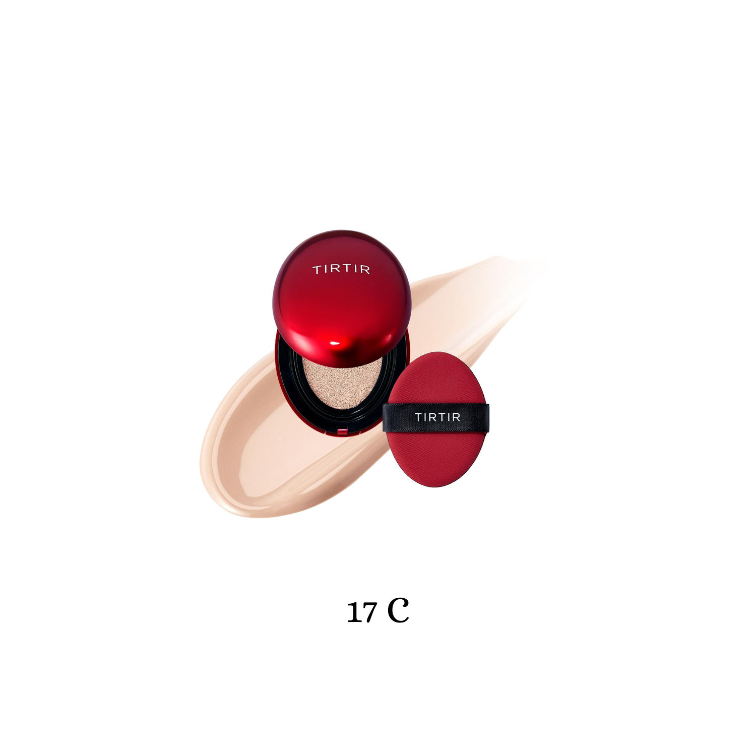 TIRTIR Mask Fit Red Cushion foundation compact with a sleek red case and applicator sponge.