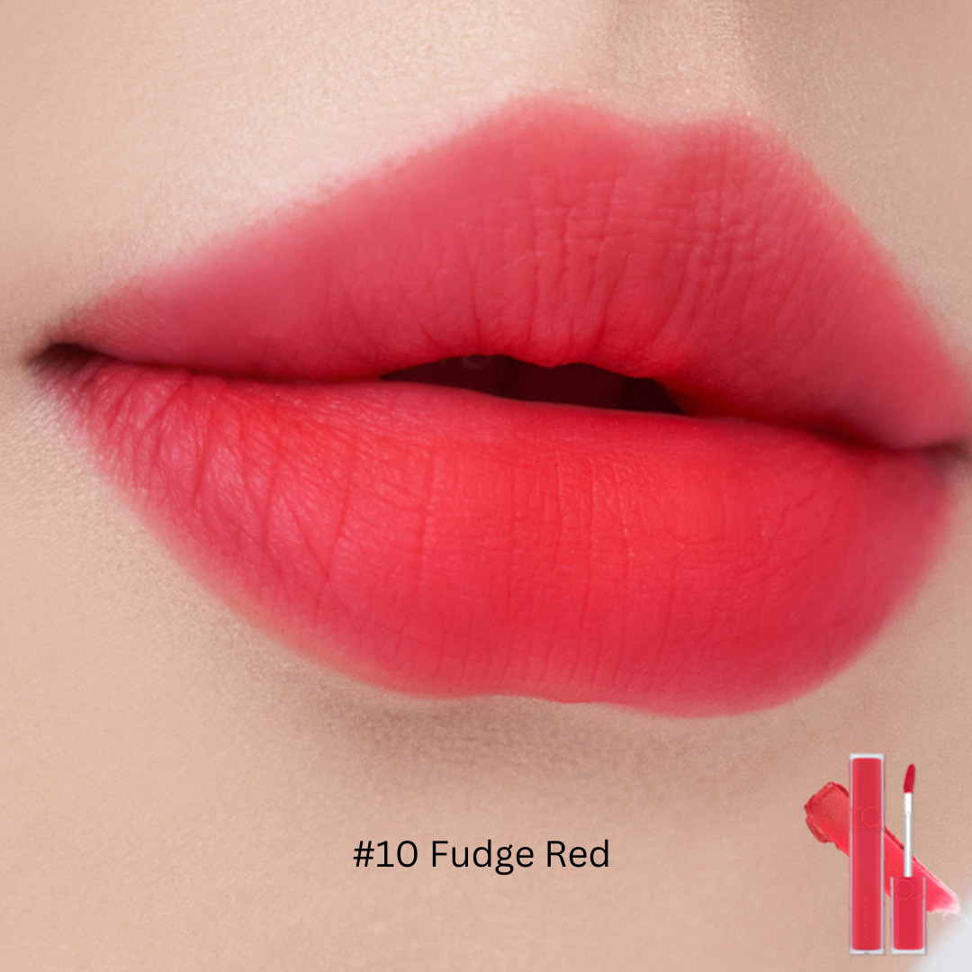 Rom&nd Blur Fudge Lip Tint in a soft, natural shade, shown applied on lips with the product packaging nearby.