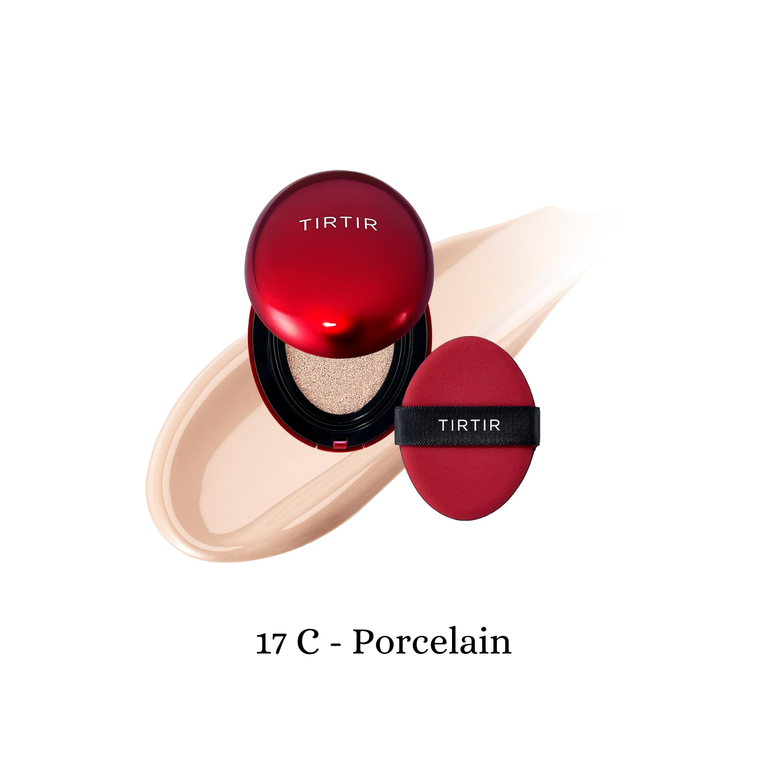 TIRTIR Mask Fit Red Cushion foundation compact with a sleek design, showcasing the cushion applicator and vibrant red packaging.