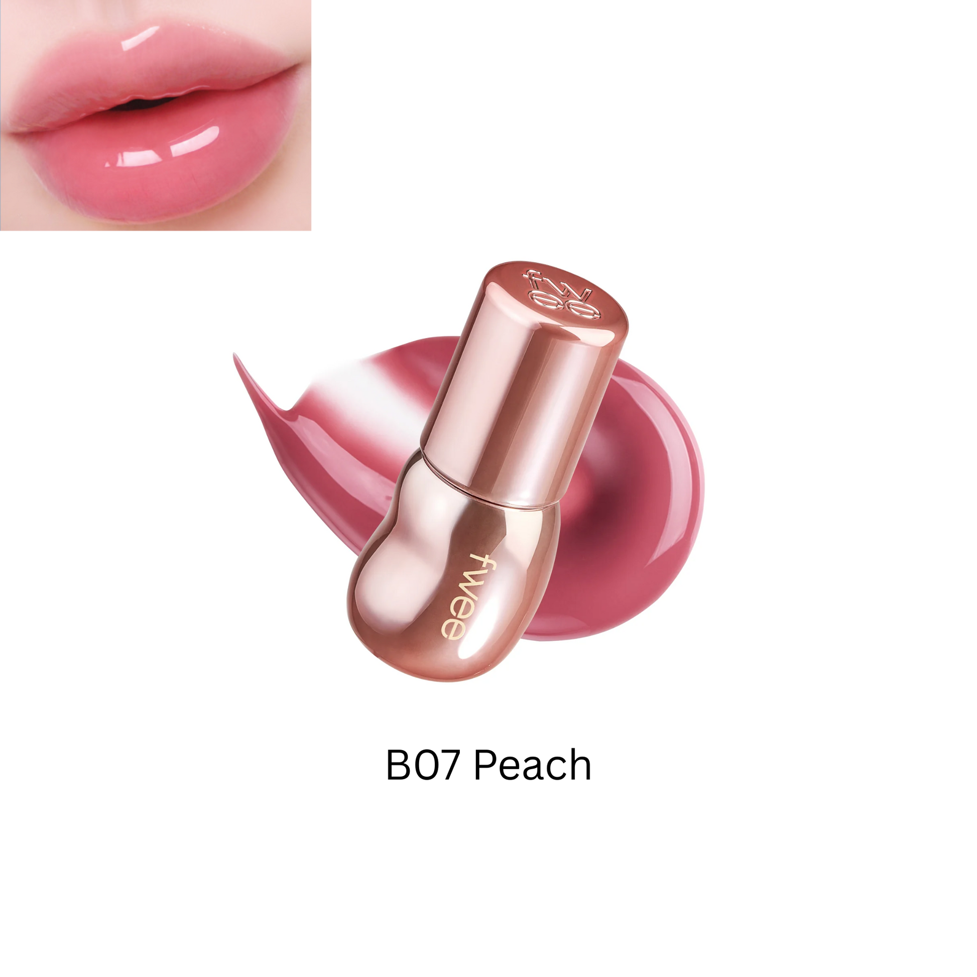 Fwee 3D Voluming Gloss 70% lip gloss tube with clear applicator showing glossy finish and vibrant color on lips.