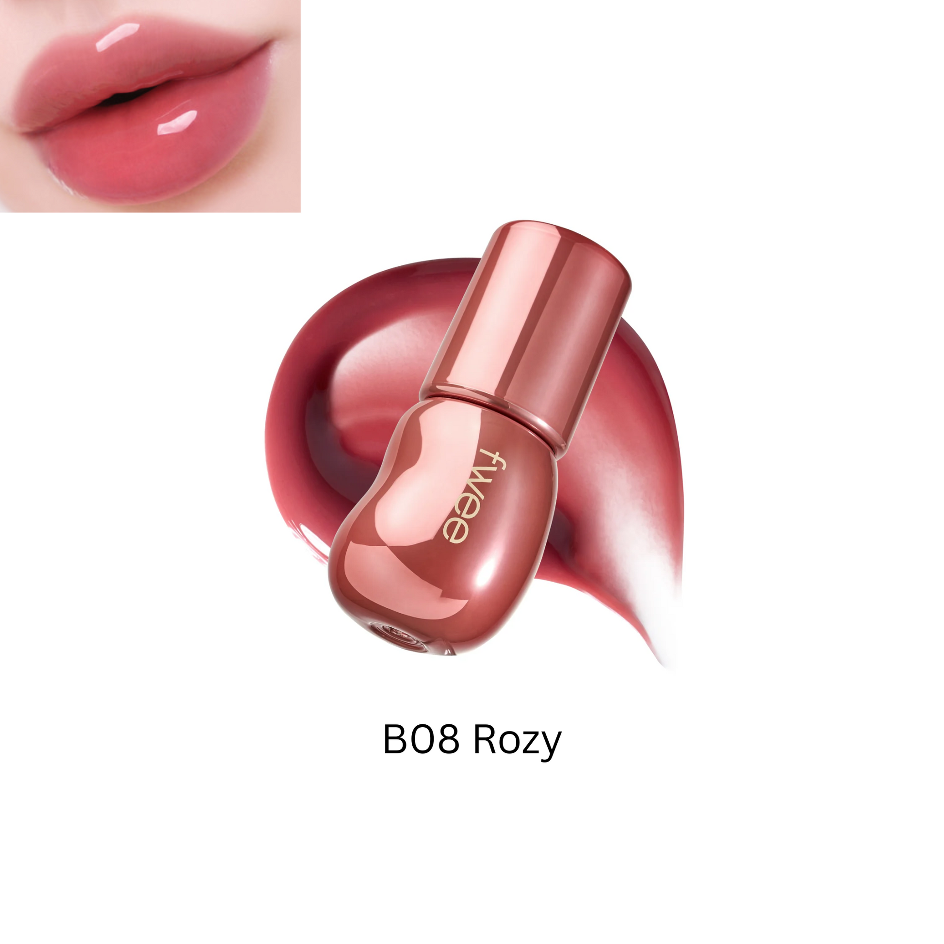 Fwee 3D Voluming Gloss 70% lip gloss applied on lips, showing shiny, plumping finish with a smooth texture.
