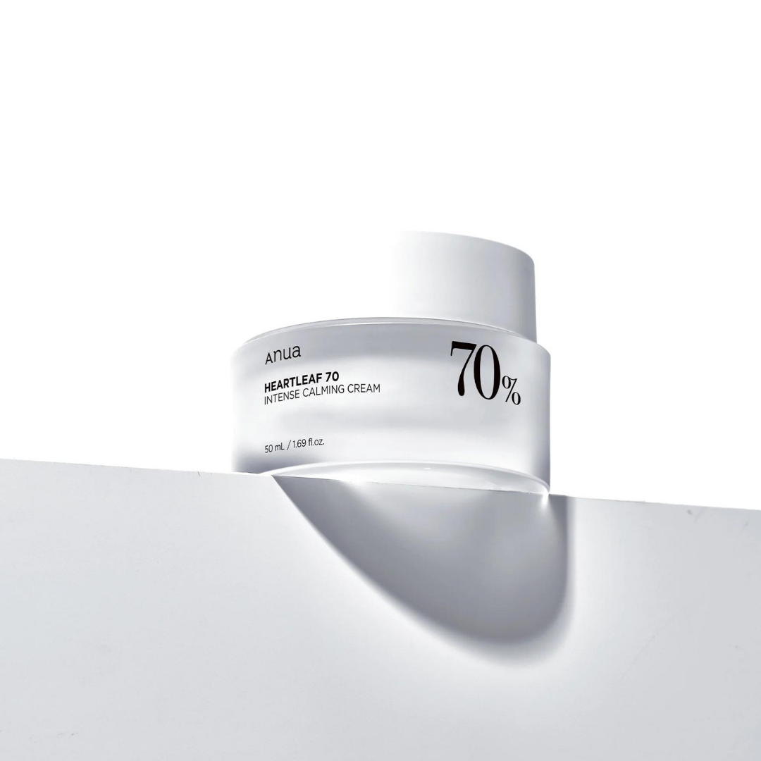 Anua Heartleaf 70% Intense Calming Face Moisturiser in a 50ml jar with a white and green label.