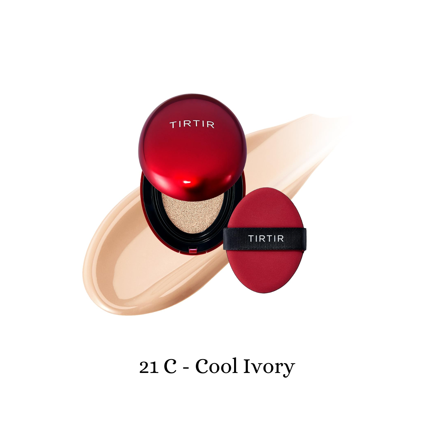 TIRTIR Mask Fit Red Cushion foundation compact with a sleek design, showcasing the cushion product with a vibrant red case.