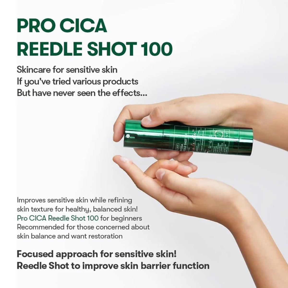 VT Cosmetics 100 Pro Cica Reedle Shot serum bottles, 10-pack, featuring clear glass containers with dropper caps for skincare application