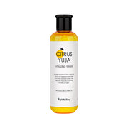 Farmstay Citrus Yuja Vitalizing Toner in a 280ml bottle, showcasing the clear liquid and packaging with citrus-themed design.