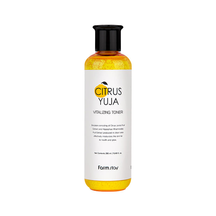Farmstay Citrus Yuja Vitalizing Toner in a 280ml bottle, showcasing the clear liquid and packaging with citrus-themed design.