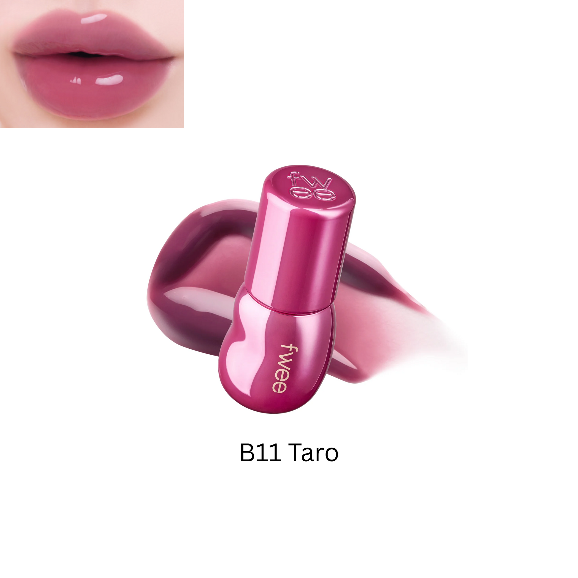 Fwee 3D Voluming Gloss 70% lip gloss with shiny, plumping finish, shown in clear container with applicator wand.