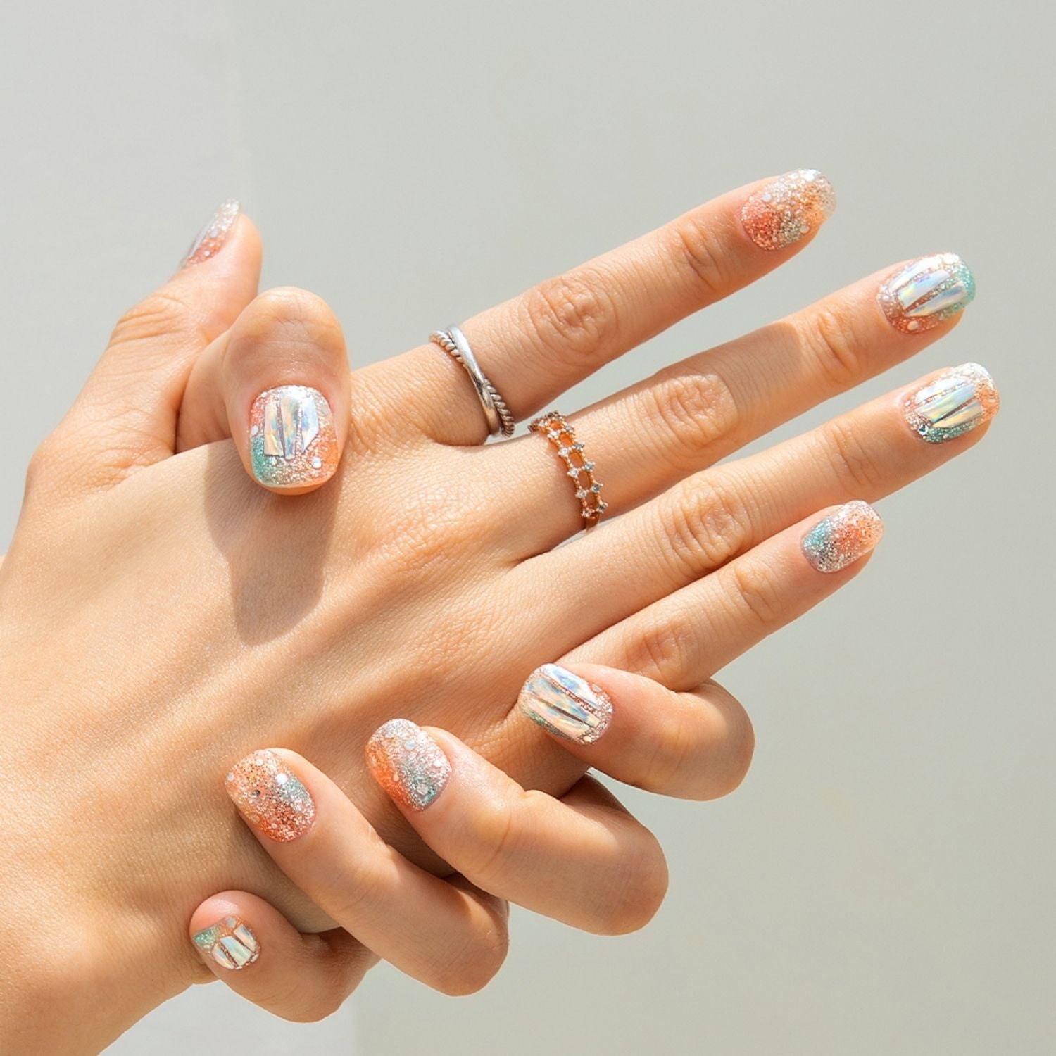 Semi-cured gel nail set with N Newtro No.1 design from Ohora, showing close-up of the nail art and glossy finish.