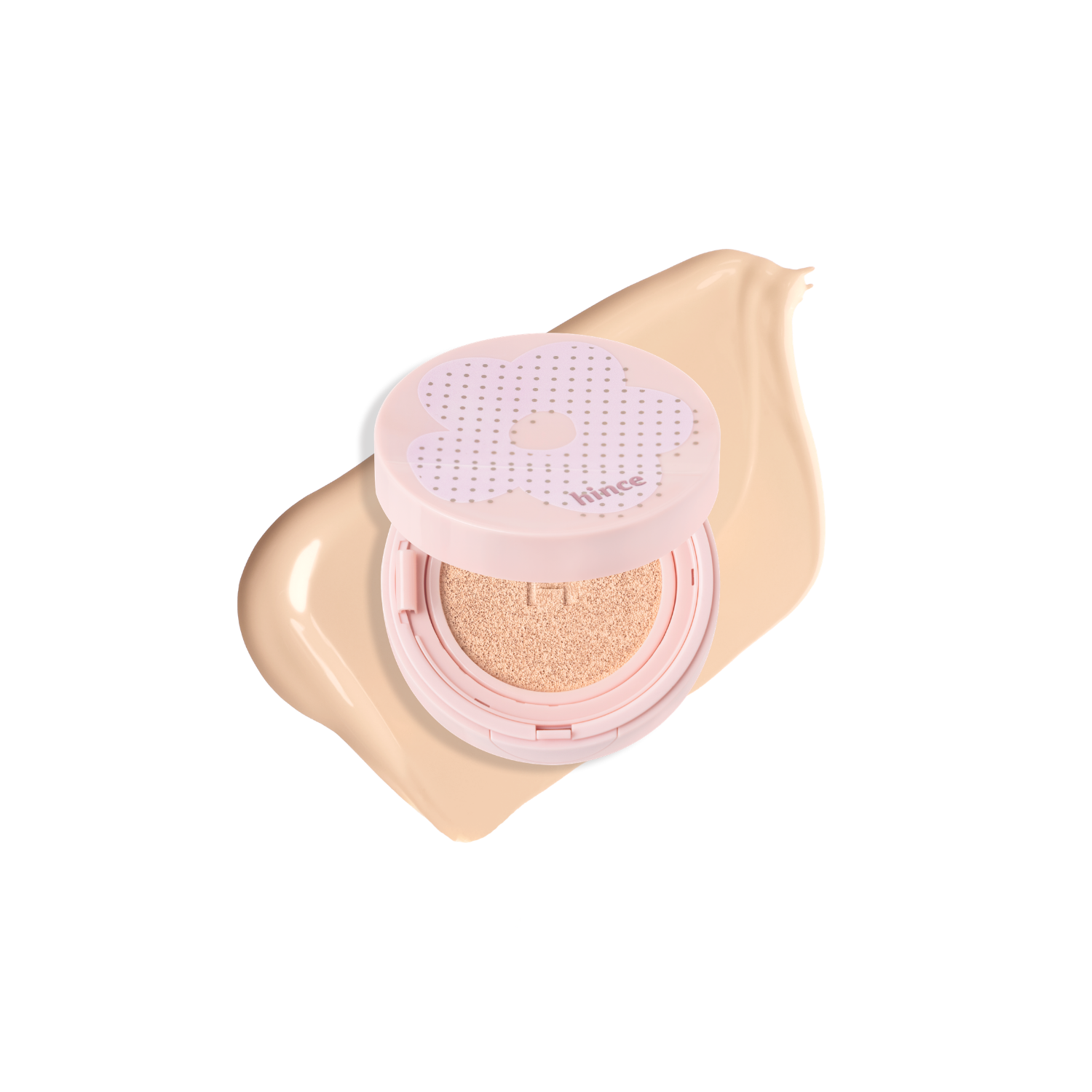 Hince Cover Master Pink Cushion foundation in a compact with a pink case, showcasing the cushion applicator and mirror inside.