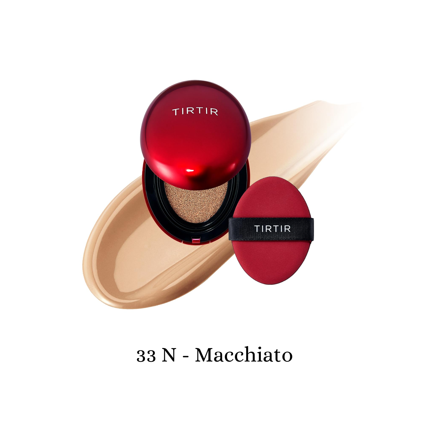 TIRTIR Mask Fit Red Cushion foundation compact with a sleek red case and open mirror revealing the cushion inside.