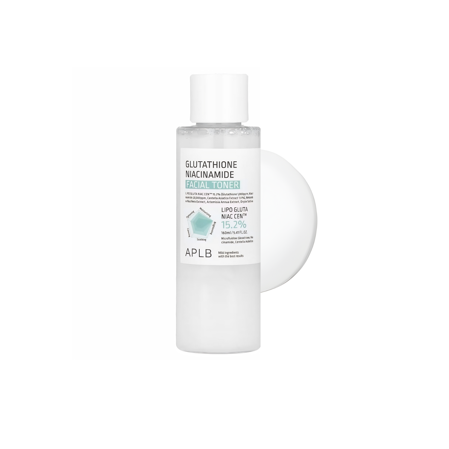 APLB Glutathione Niacinamide Facial Toner in a 160ml bottle, showing clear liquid and pump dispenser for skincare use