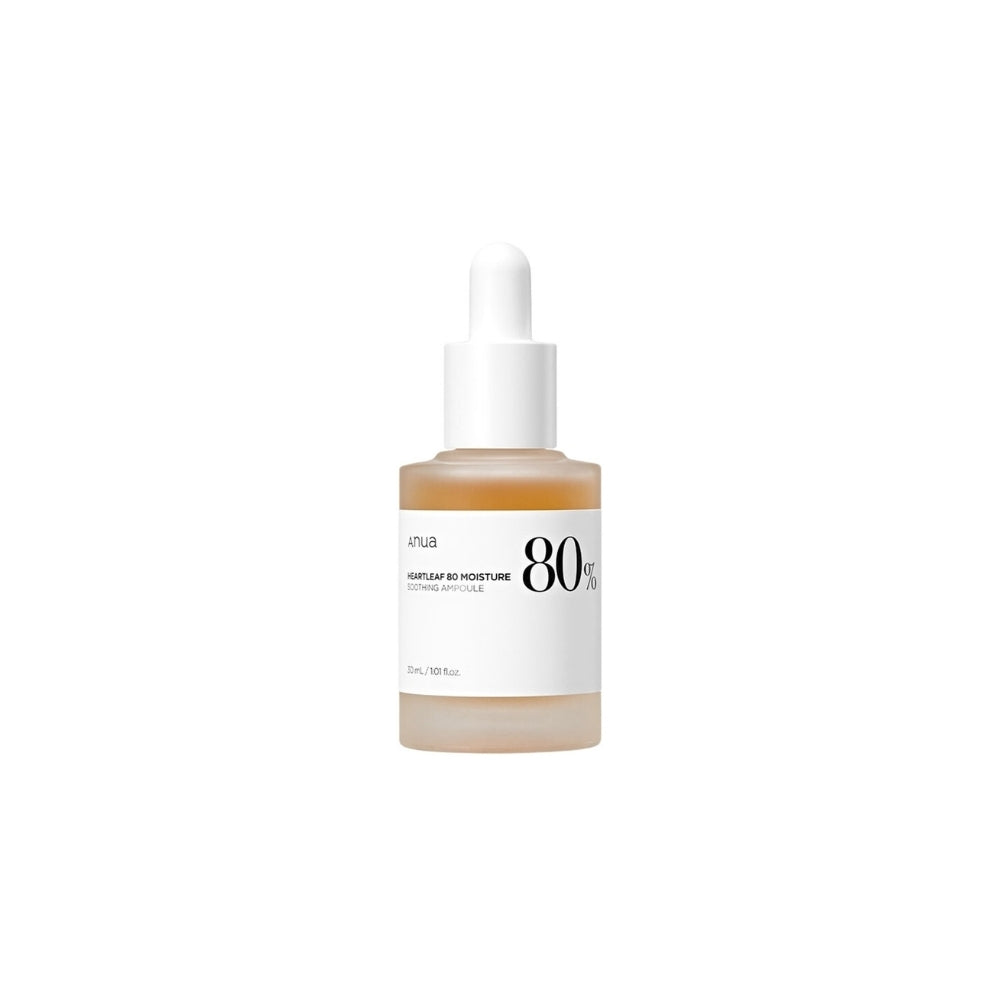 Anua Heartleaf 80% Ampoule in 30ml bottle, featuring clear serum with a dropper cap, designed for soothing skin care.