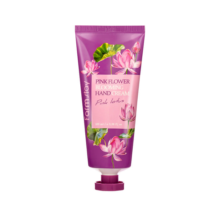 Farmstay Pink Flower Blooming Hand Cream with Pink Lotus, 100ml, featuring floral packaging and creamy texture.