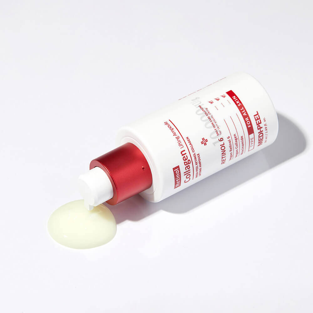 MEDIPEEL+ Retinol Collagen Lifting Ampoule 50ml bottle with dropper for anti-aging skincare treatment.