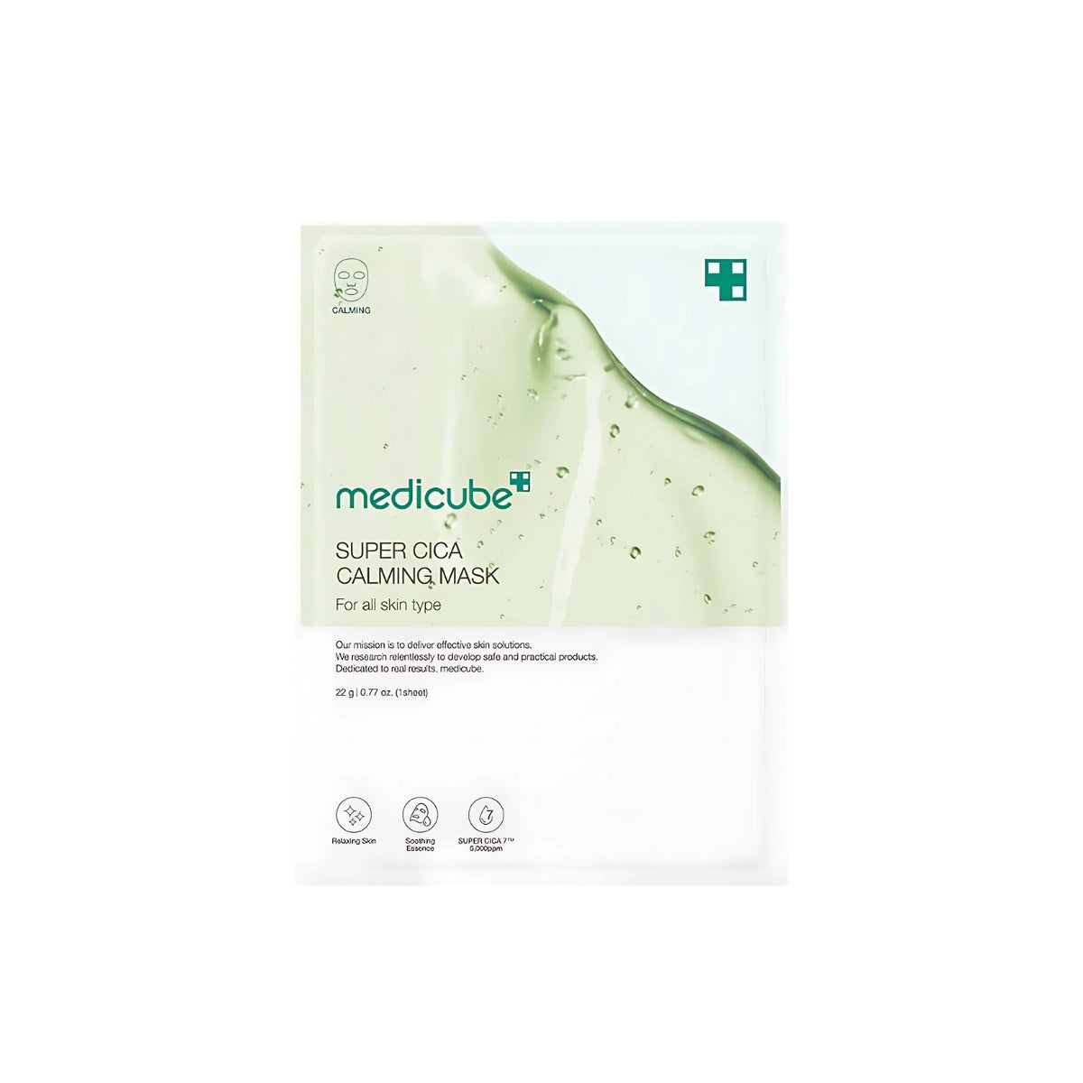 Medicube Super Cica Calming Sheet Mask applied on face, hydrating and soothing skin with calming ingredients.