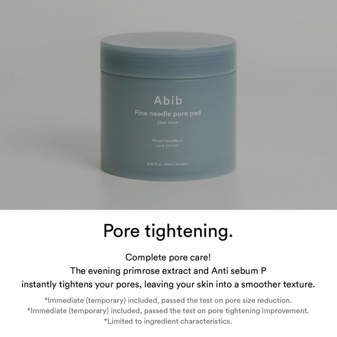 Abib Pine Needle Pore Pad with 60 toner pads for deep cleansing and pore refining, featuring natural pine needle extract.