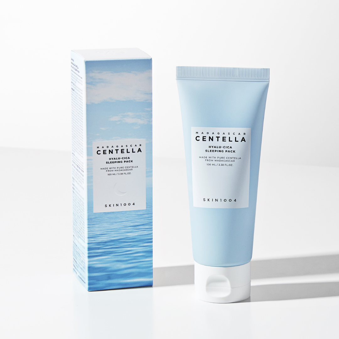 SKIN1004 Madagascar Centella Hyalu-Cica Sleeping Pack in a 100ml jar, showing the soothing, gel-like leave-on mask with green and white packaging.