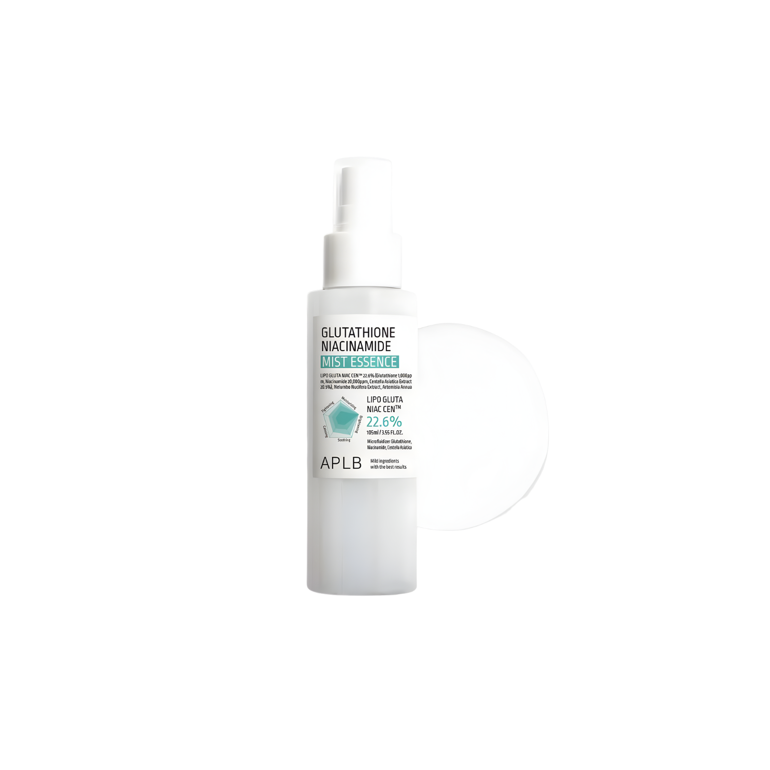 APLB Glutathione Niacinamide Face Mist Essence in 105ml bottle, showing clear spray nozzle and fresh mist spray on a white background.