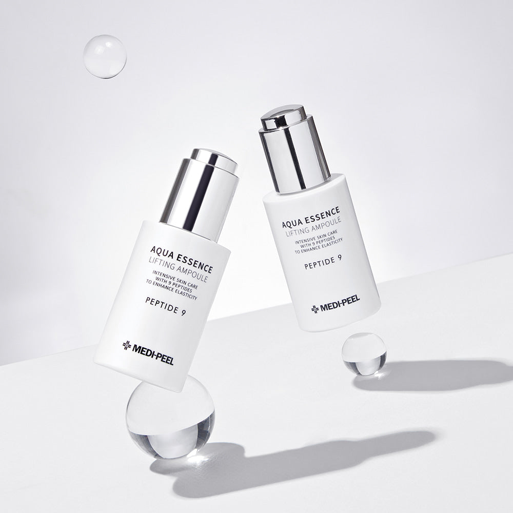 MEDIPEEL+ Peptide 9 Aqua Essence Lifting Ampoule 50ml bottle with clear liquid, featuring a sleek design and labeling.