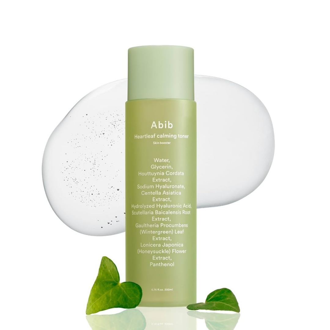 Abib Heartleaf Calming Toner Skin Booster in a 200ml bottle, showing the clear liquid and minimalist packaging.
