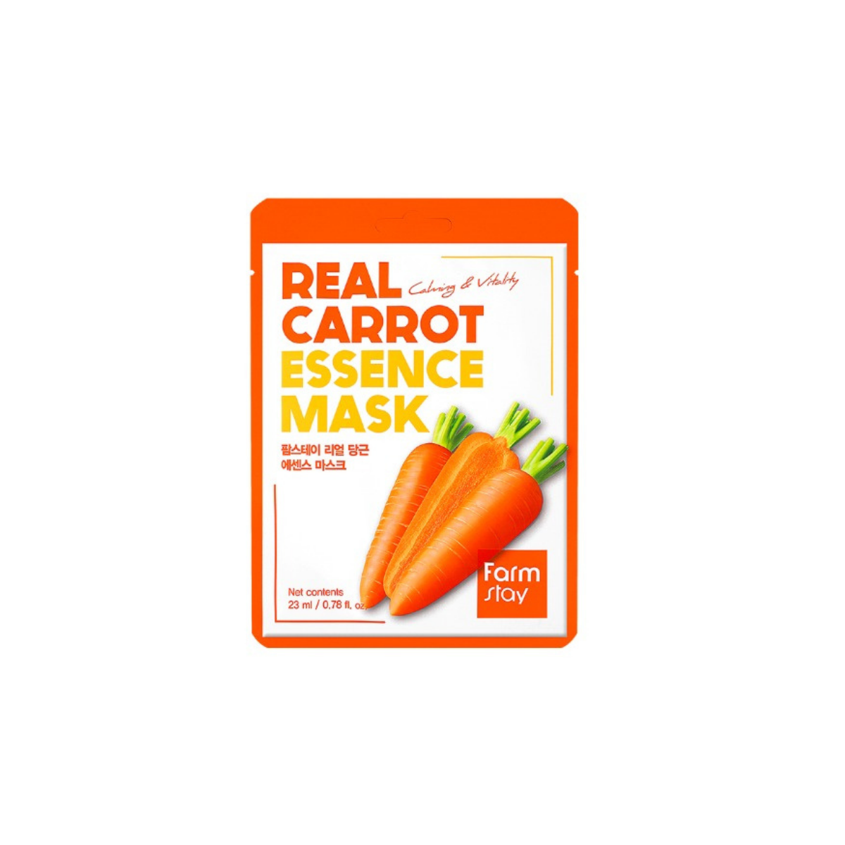 Farmstay Real Carrot Essence Sheet Mask showing a packaged facial mask with carrot imagery and branding.
