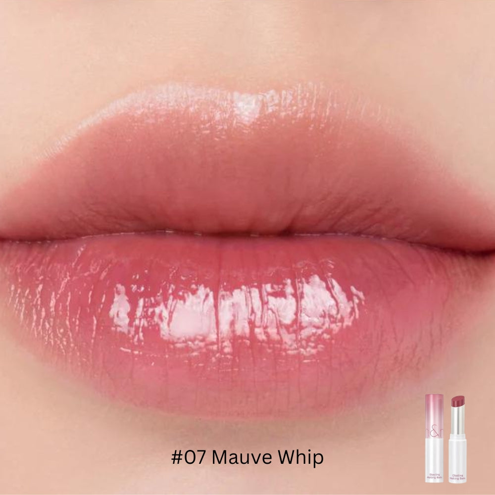 Rom&nd Glasting Melting Balm lipstick in a sleek tube with a close-up of the smooth, glossy lip balm surface.