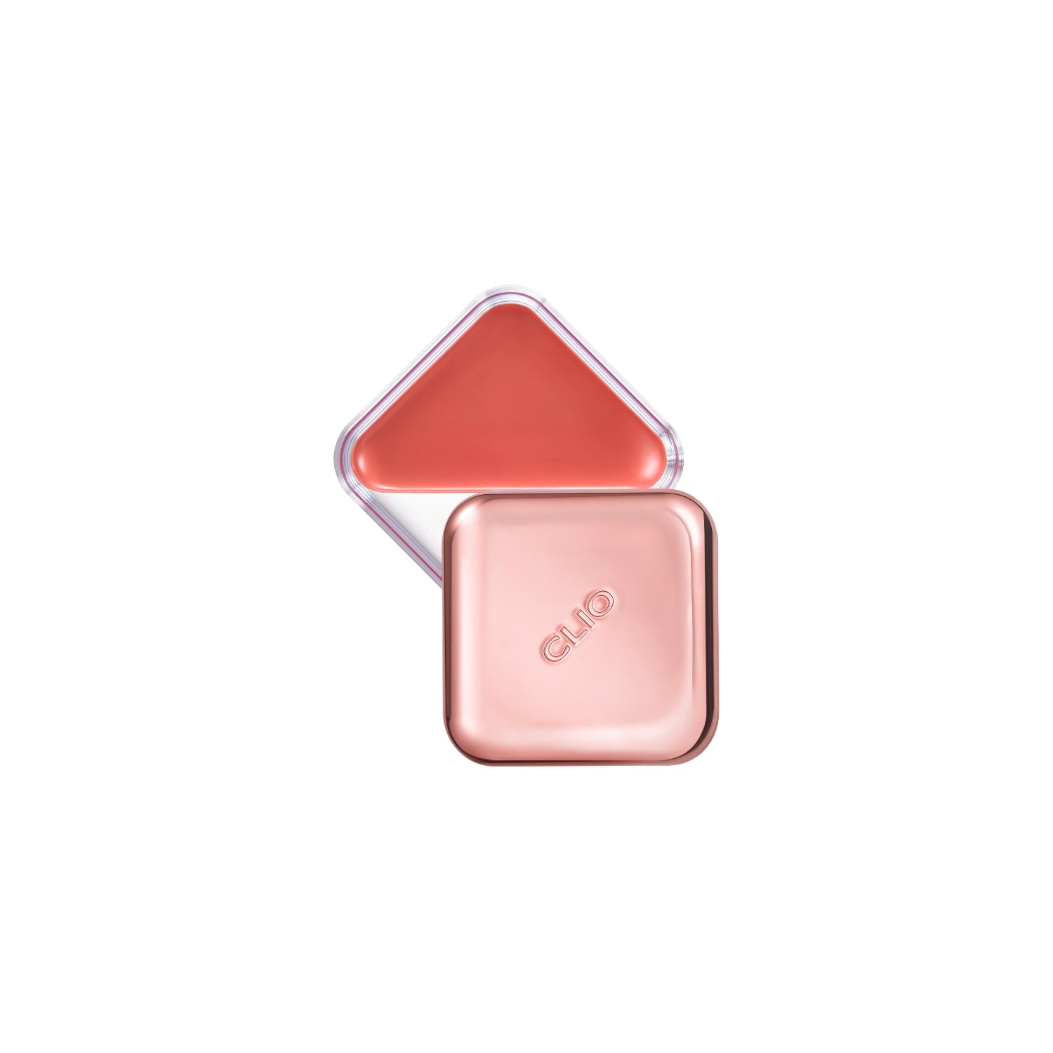 Clio Essential Lipcheek Tap blush in natural pink shade, featuring compact packaging and swatched on skin for a soft, blendable look.