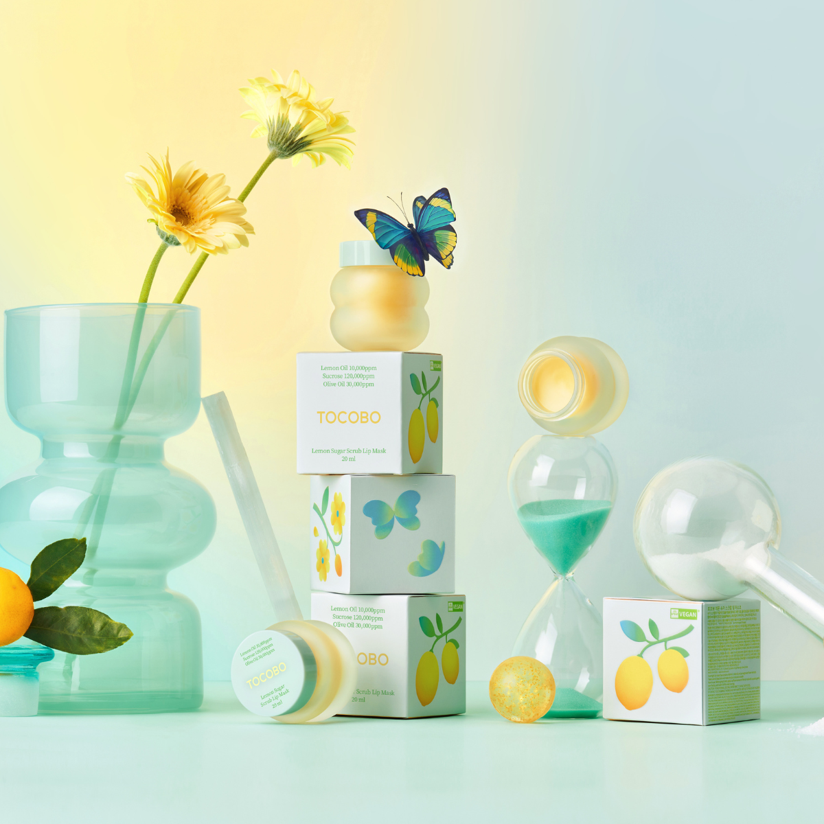 TOCOBO Lemon Sugar Scrub Lip Mask in 20ml container, featuring a bright yellow tube with lemon design and product label.