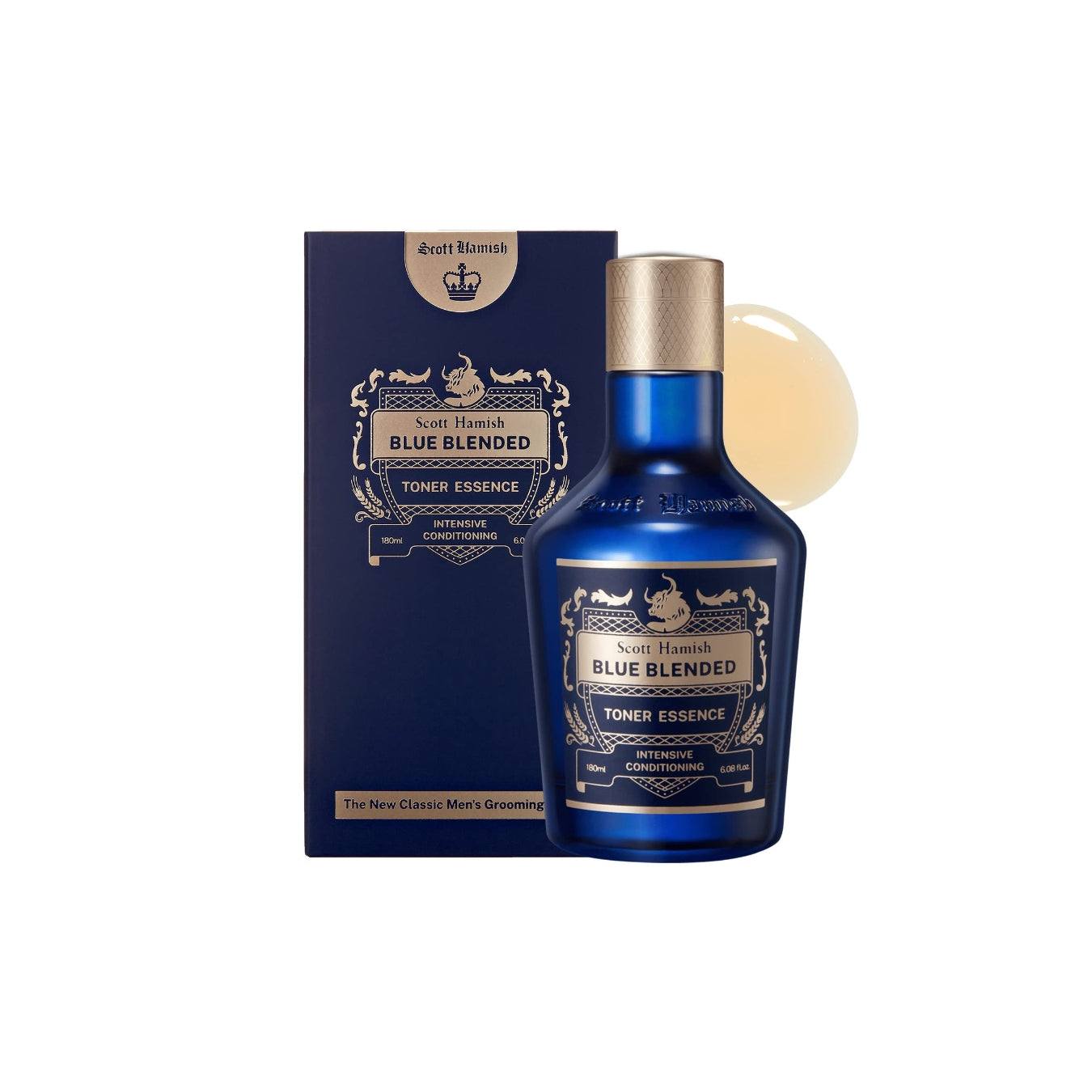 Scott Hamish Blue Blended Toner Essence 180ml in a clear bottle with a blue tint and a minimalist label, designed for skincare.