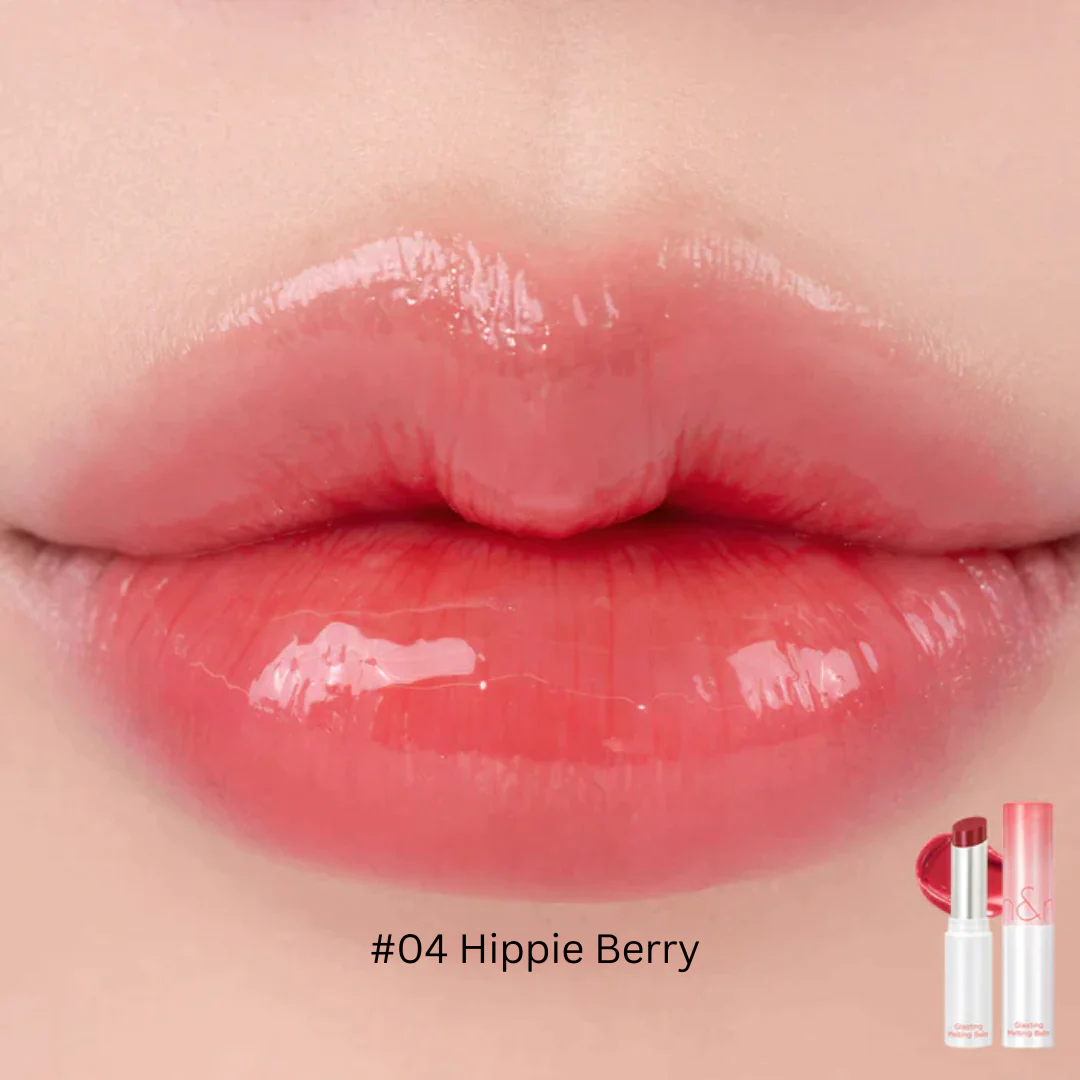 Rom&nd Glasting Melting Balm lipstick in a sleek tube with a glossy finish, ready to be applied for shiny, moisturizing lips.