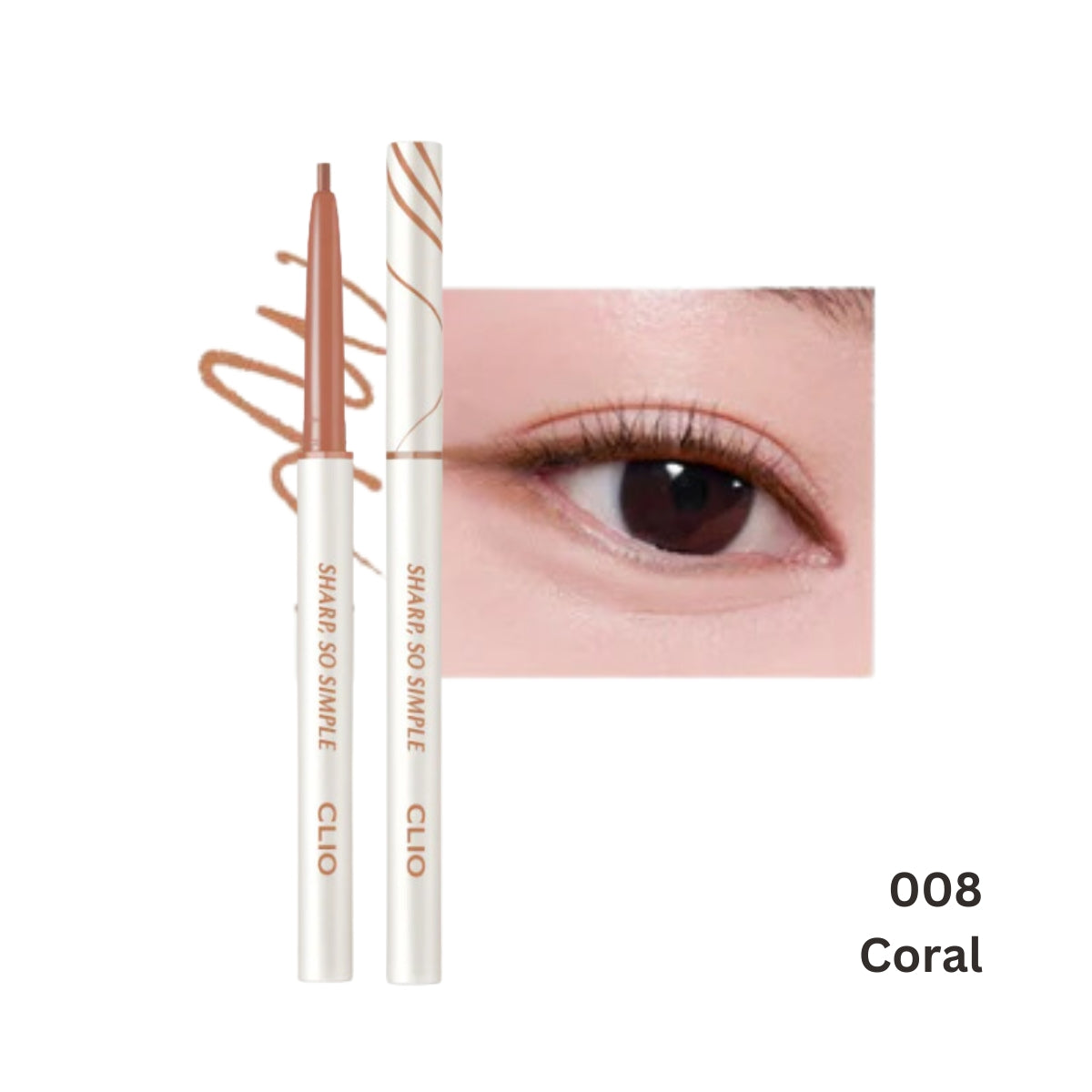 Clio Sharp So Simple waterproof pencil eyeliner, close-up of black pencil with sharpened tip and packaging.