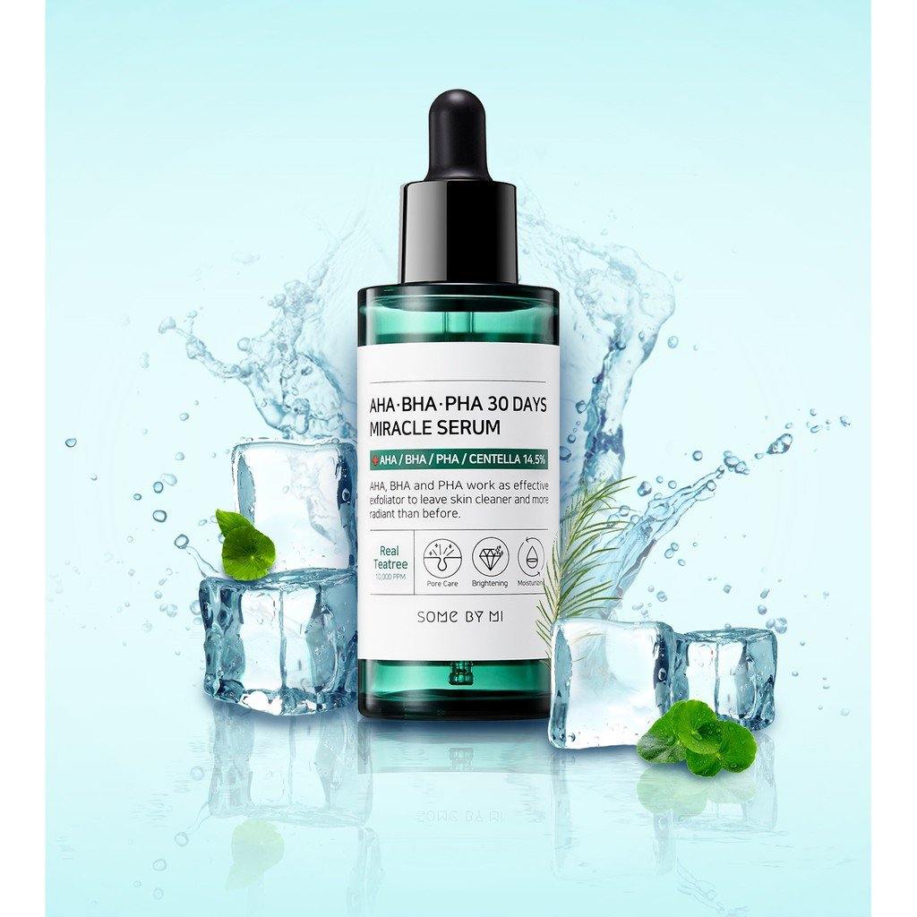 Some By Mi AHA.BHA.PHA 30 Days Miracle Serum 50ml bottle with dropper, showcasing clear liquid and product label.