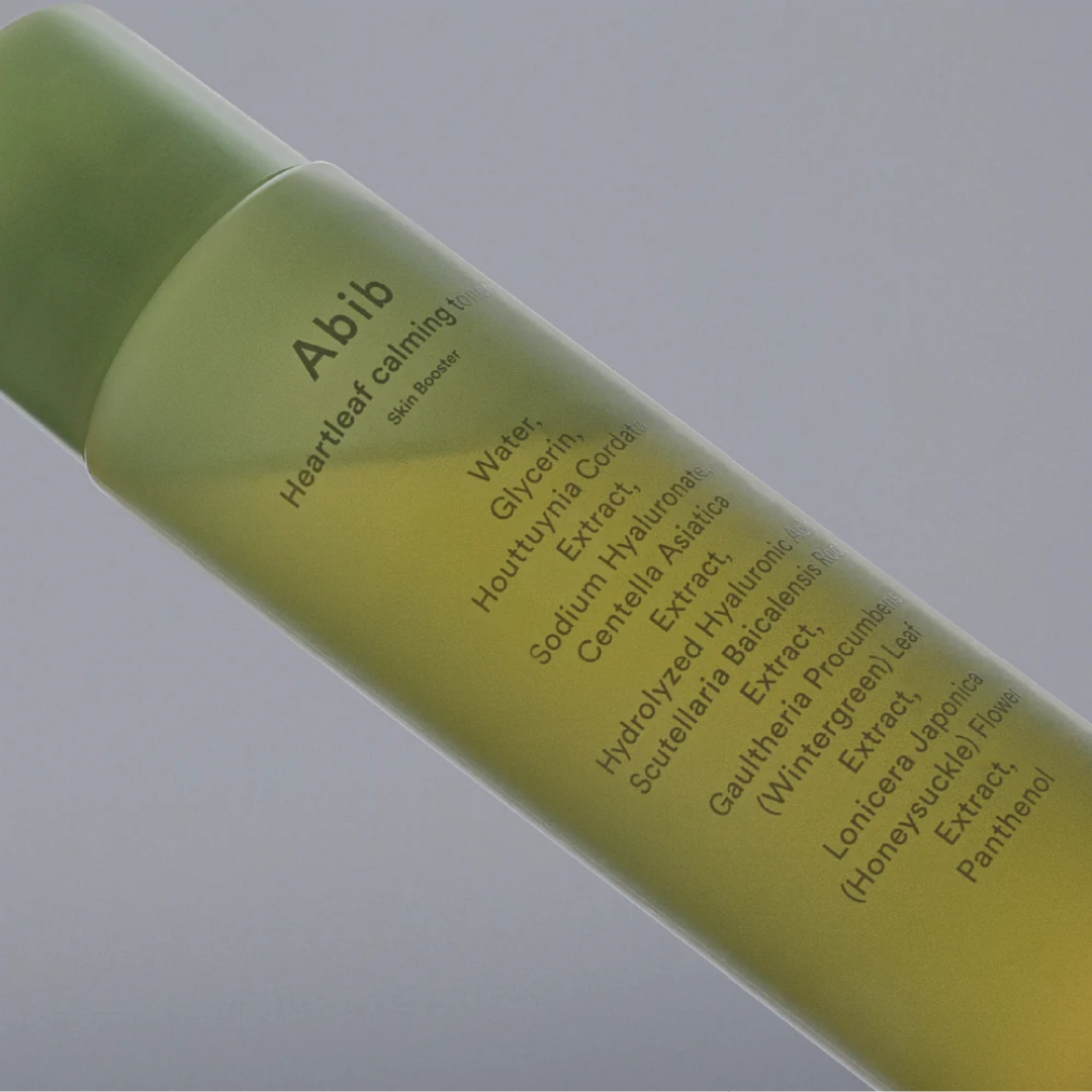 Abib Heartleaf Calming Toner Skin Booster in 200ml bottle, featuring a clear liquid and minimalist label design.