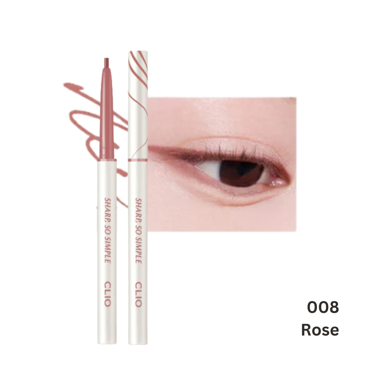 Clio Sharp So Simple Waterproof Pencil Eyeliner with black finish, shown with the pencil tip and packaging on a white background.