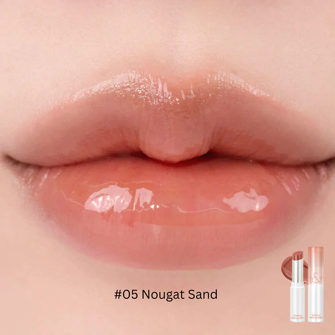 Rom&nd Glasting Melting Balm lipstick in a sleek tube, showcasing the smooth, glossy texture of the lip product.