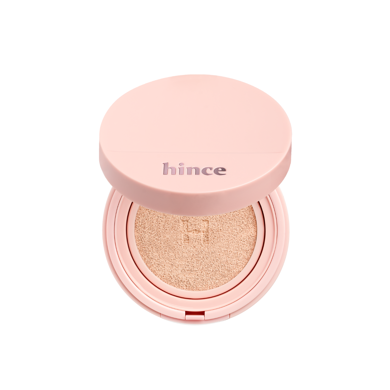 Hince Cover Master Pink Cushion foundation in a compact with pink packaging and applicator sponge, ready for makeup application.